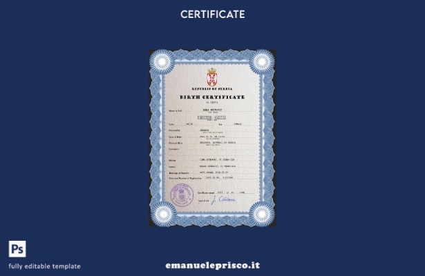modello PSD del certificato di nascita dello stato civile della Serbia in stile 